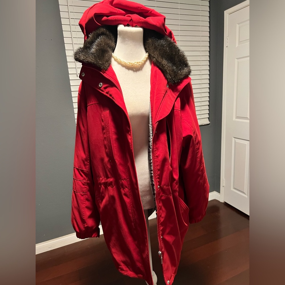 Ensign Women's Red Hooded Jacket with Faux Fur Trim